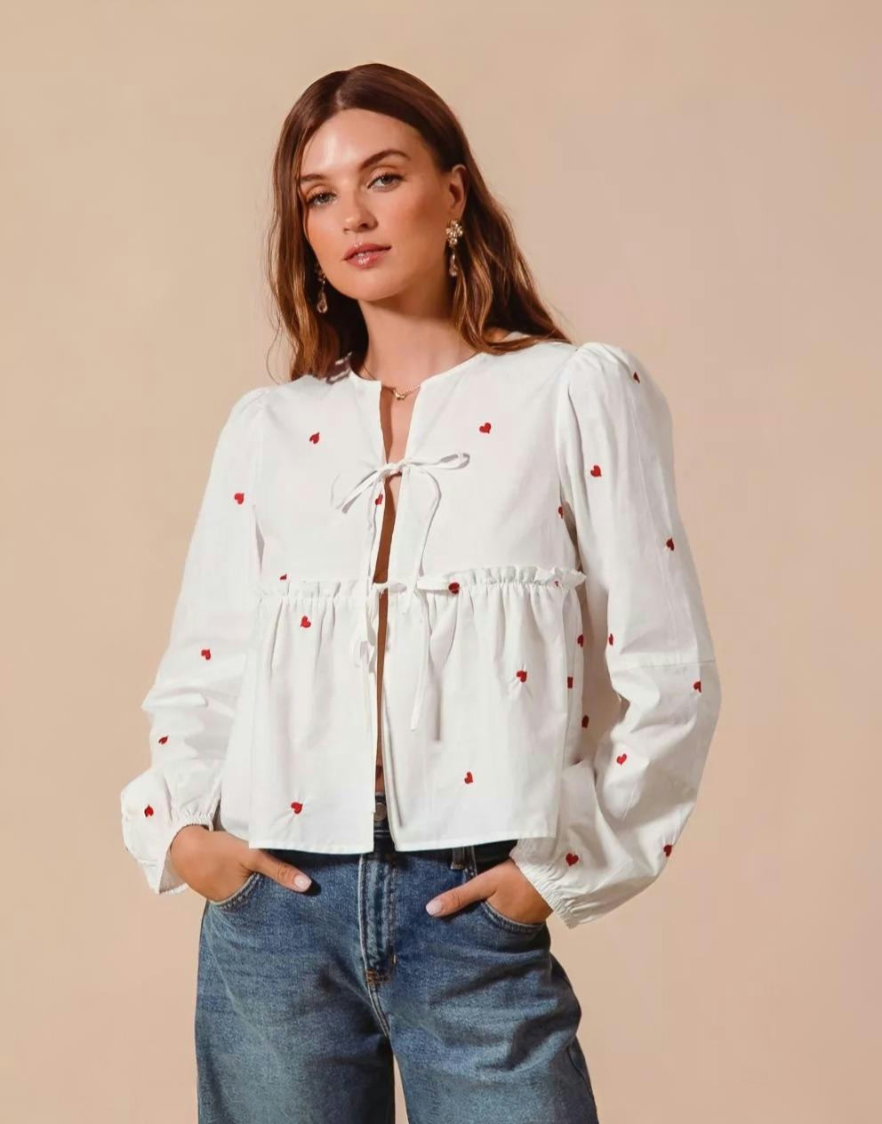 SO ME | Women's Tie Front Heart Embroidered Vest w/ Puff Sleeves