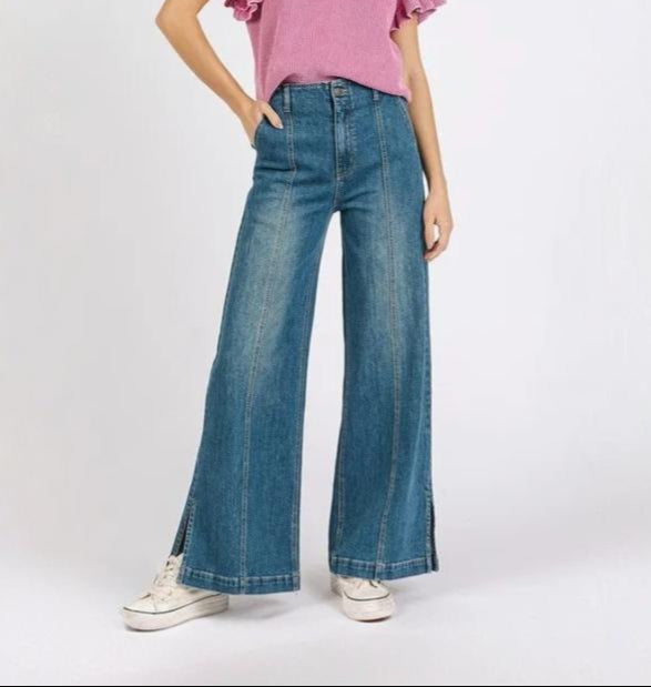 Mittoshop | Women's Medium Wash Seam Detail Wide Leg Jeans