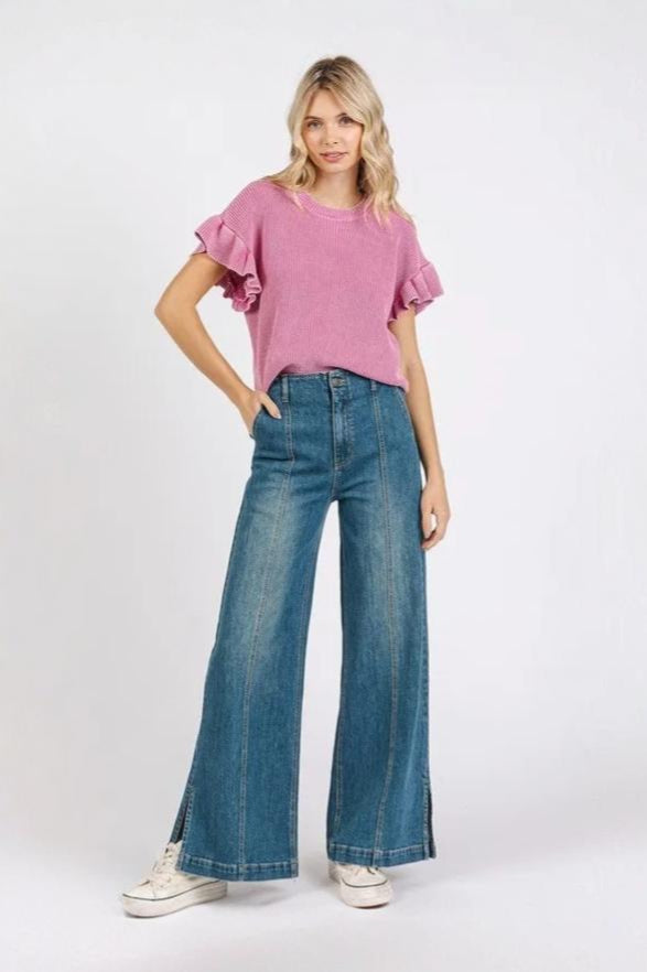 Mittoshop | Women's Medium Wash Seam Detail Wide Leg Jeans