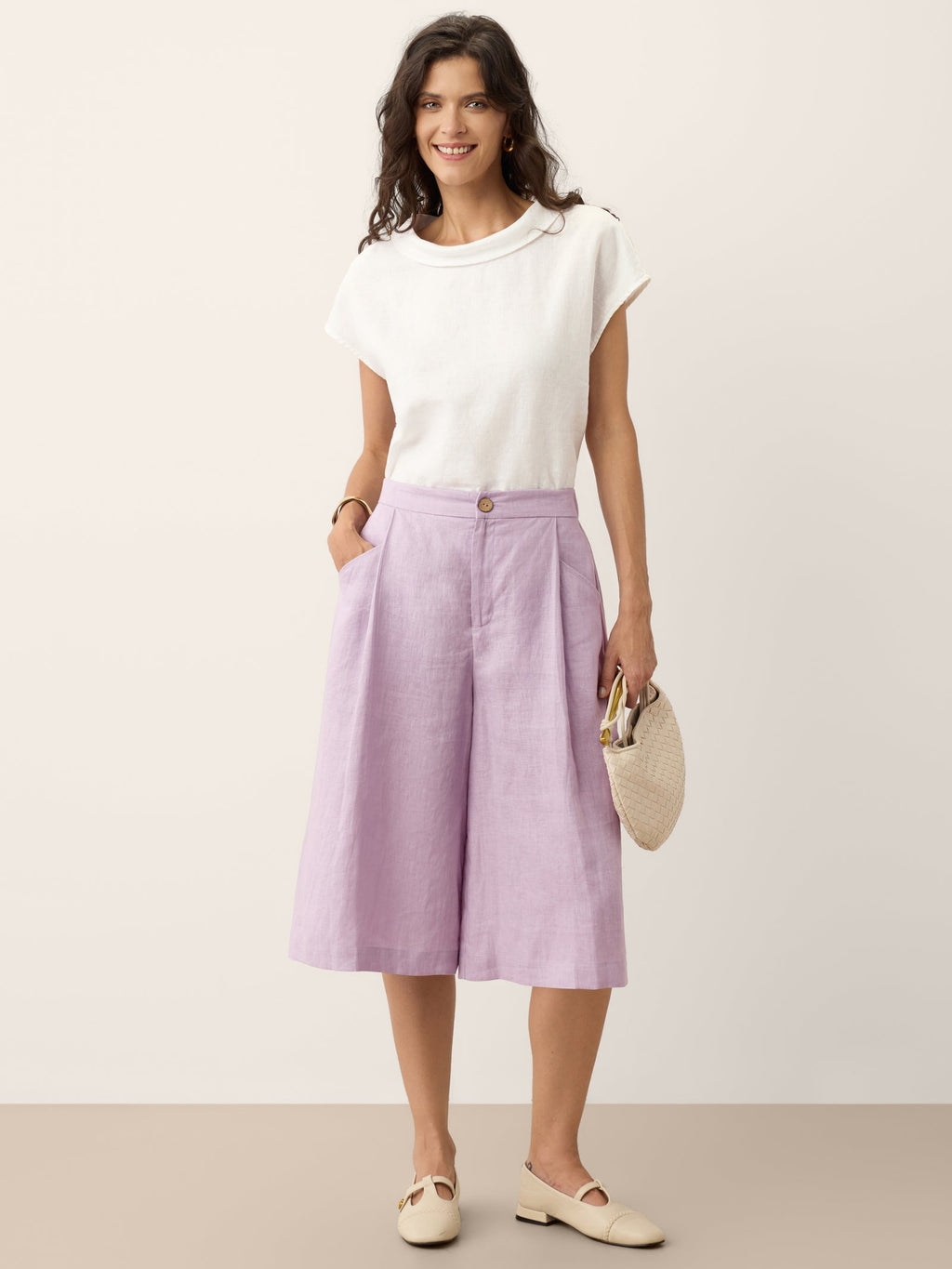 LINTICO | Women's Linen Lavender A-Line Bermuda Shorts "RAVENNA"