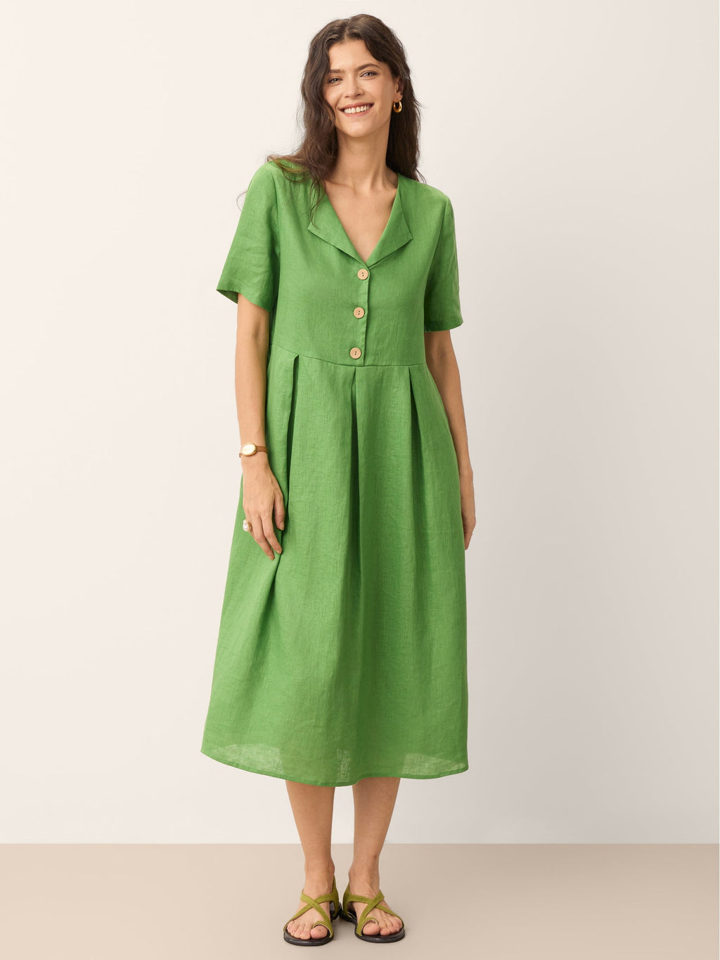 LINTICO | Women's Linen Fern Green Midi Dress