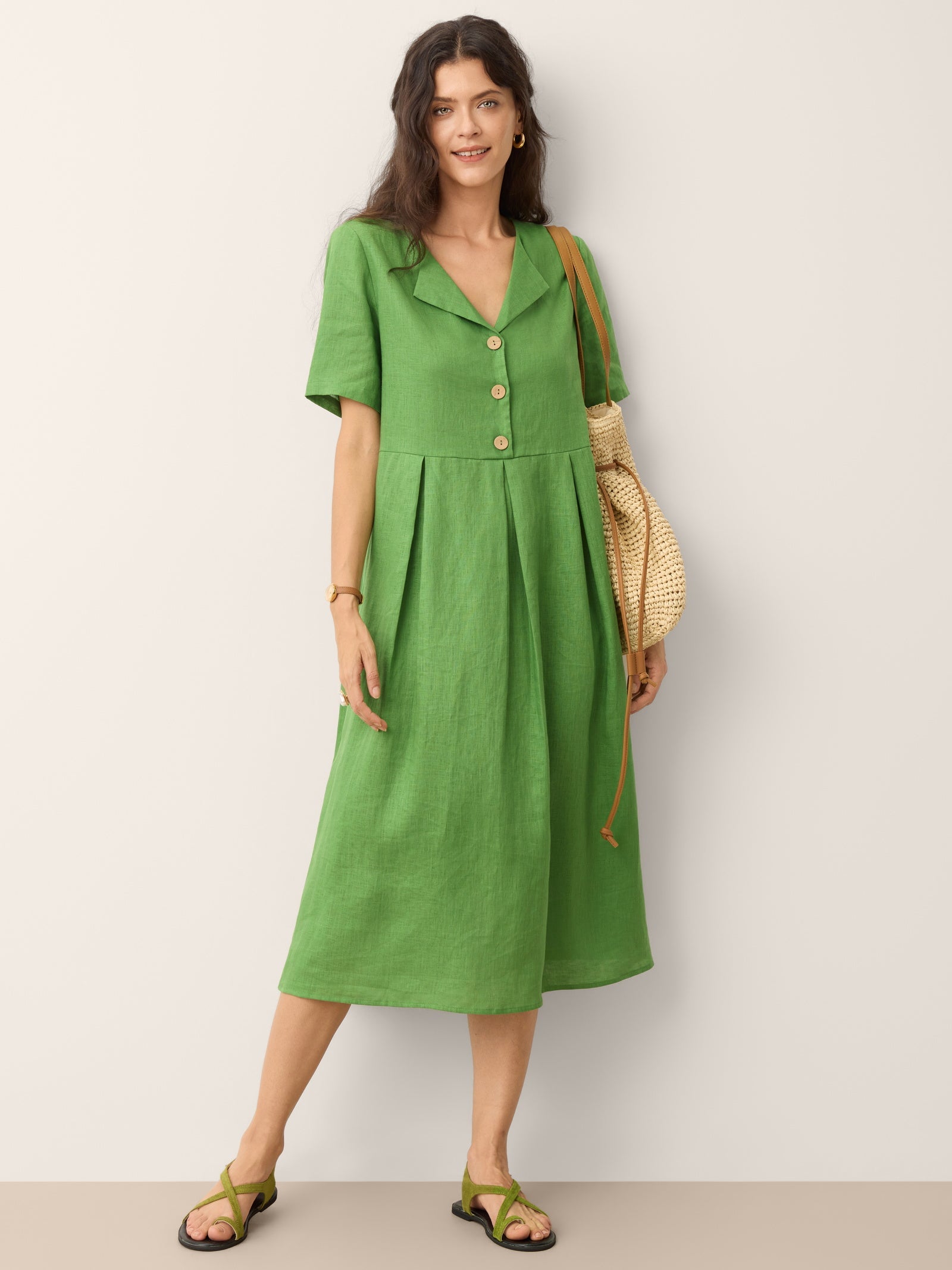 LINTICO | Women's Linen Fern Green Midi Dress