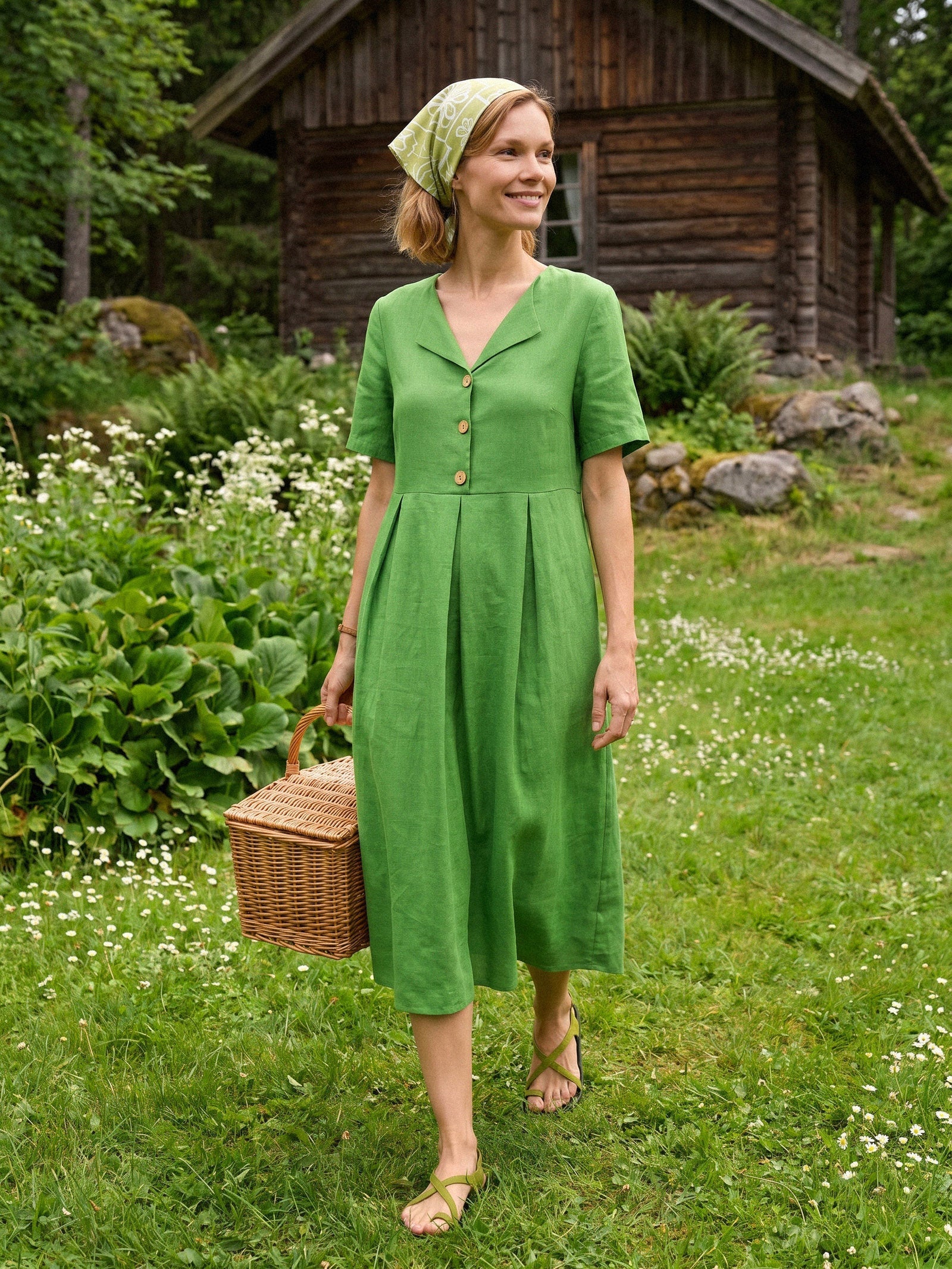 LINTICO | Women's Linen Fern Green Midi Dress