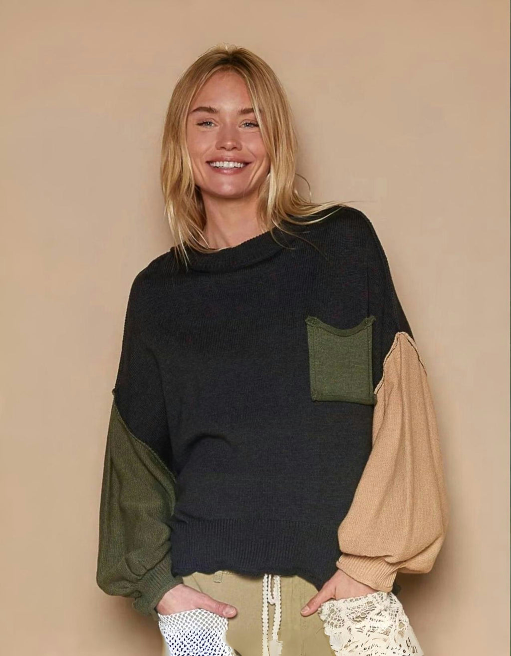 POL | Women's Color Block Roll Hem Cotton Hacci Sweater