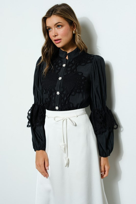 Vella Moda | Women's Tencel & Rayon Blend High Neck Lace Blouse
