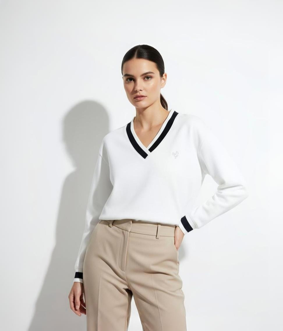 Cotton V-Neck Sweater | Contrast Trims