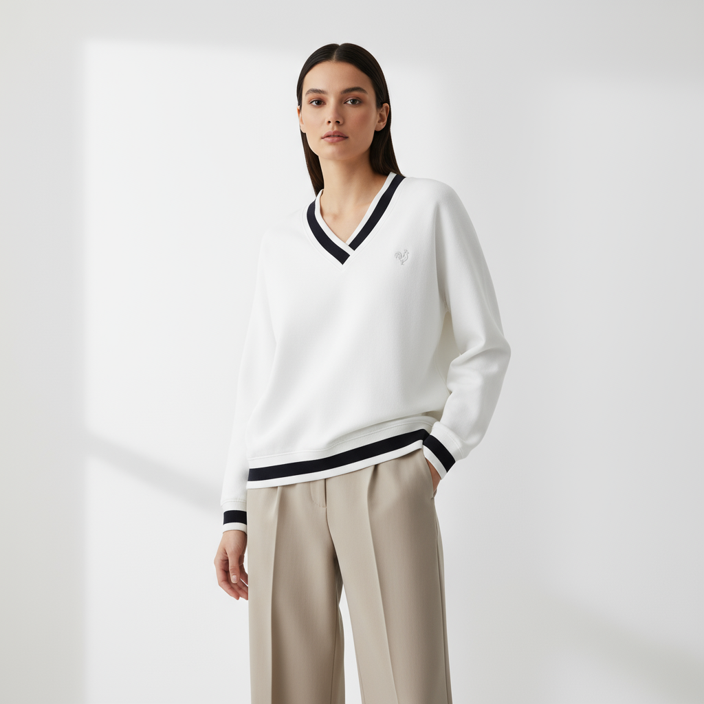 Cotton V-Neck Sweater | Contrast Trims