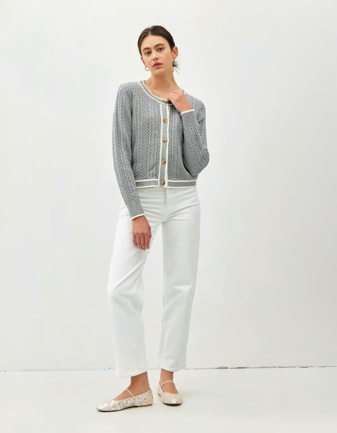 Be Cool | Women's Cable Knit Contrast Edge Cotton Cardigan