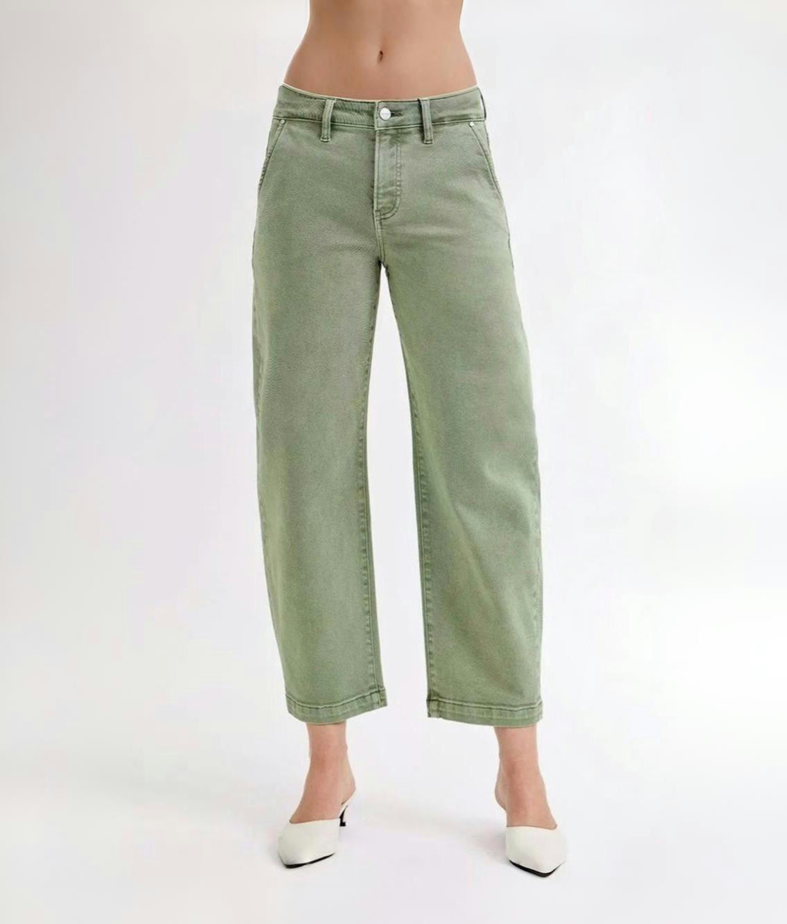 RISEN | Women's Olive Cropped Barrel Jeans