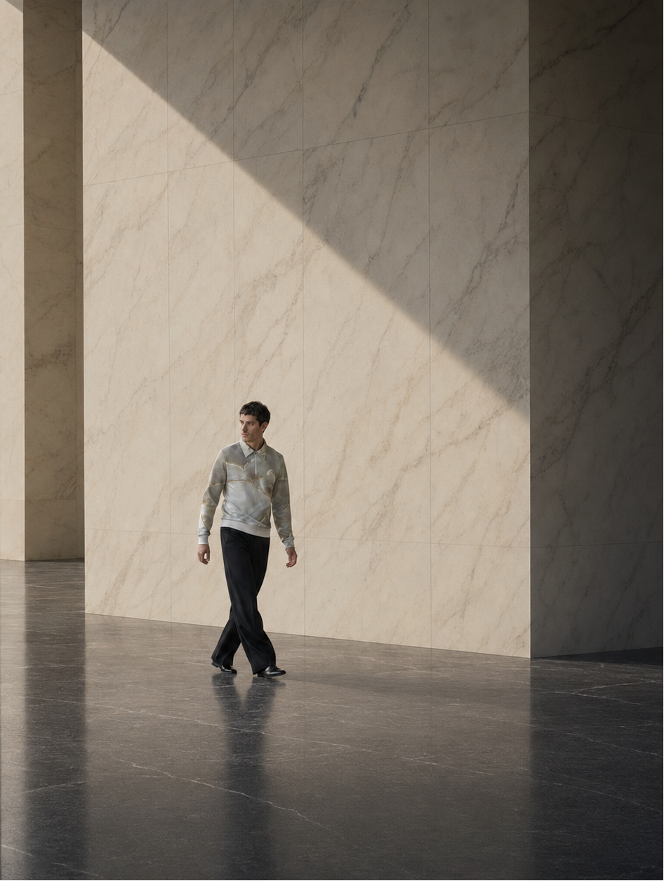 A man wearing a light gray patterned long-sleeve shirt and dark pants walks through a minimalist architectural space with beige marble walls and a dark polished floor.