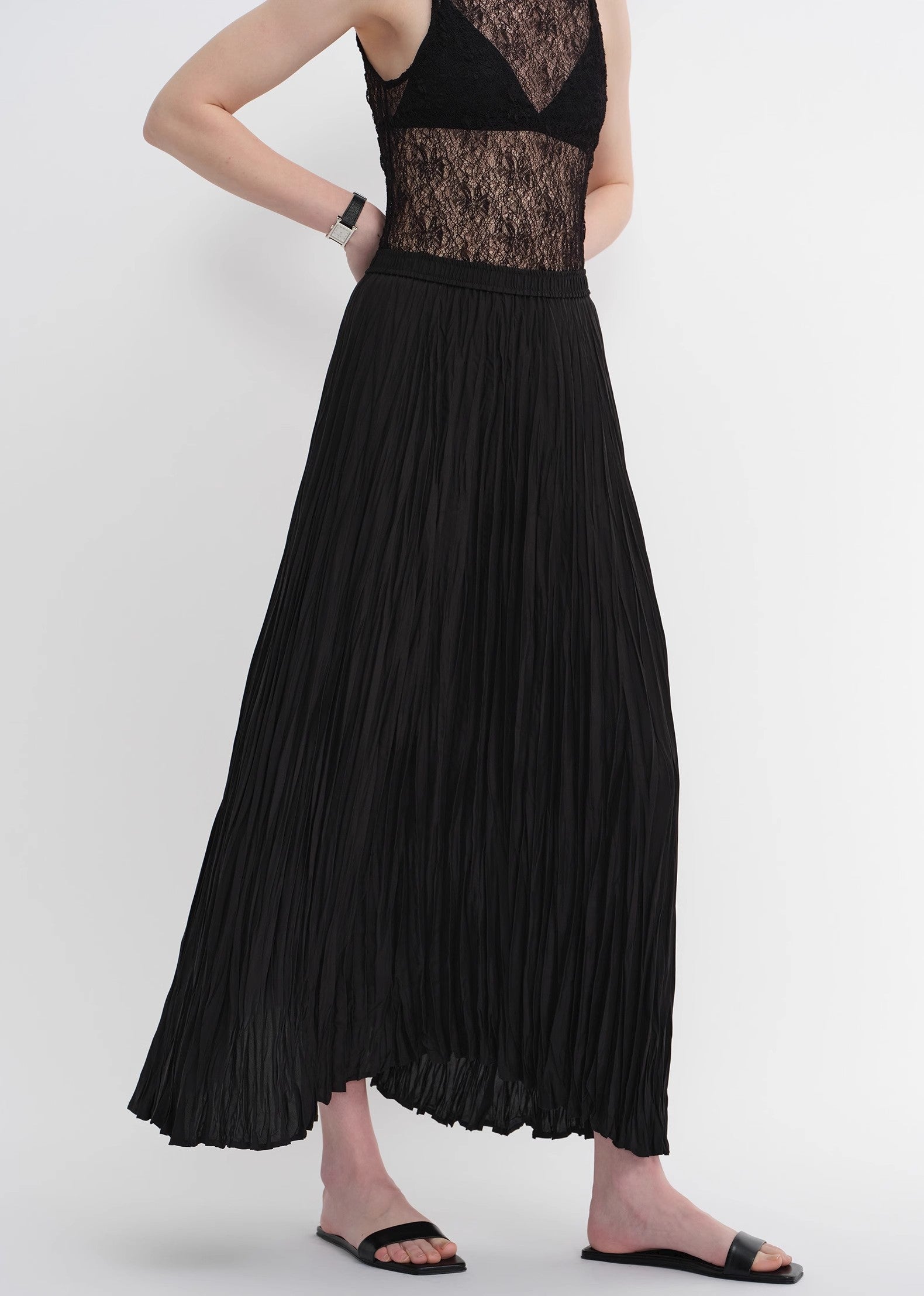 PREMIUM STYLE CO. LTD. | Mulberry Silk Pleated Irregular Hem Skirt