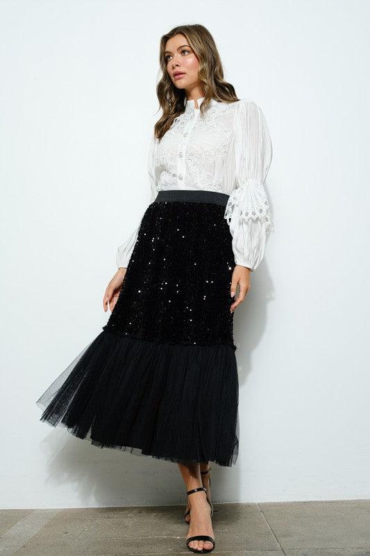Vella Moda | Women's Tencel & Rayon Blend High Neck Lace Blouse