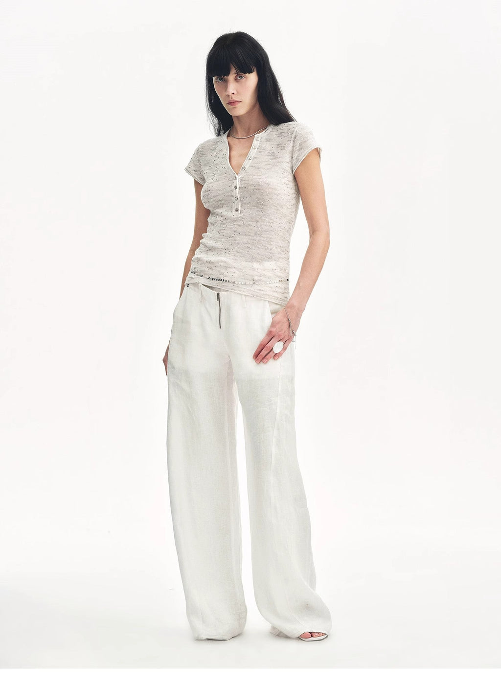 FIRELADY FUR | Women's Linen Blend Sequined Henley Neck T-shirt