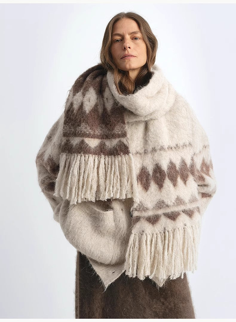 FIRELADY FUR | Women's Wool Blend Jacquard Tassel Scarf