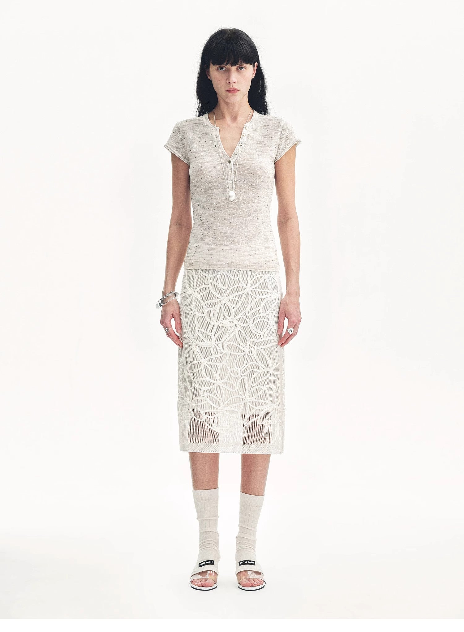 FIRELADY FUR | Women's Linen Blend Sequined Henley Neck T-shirt