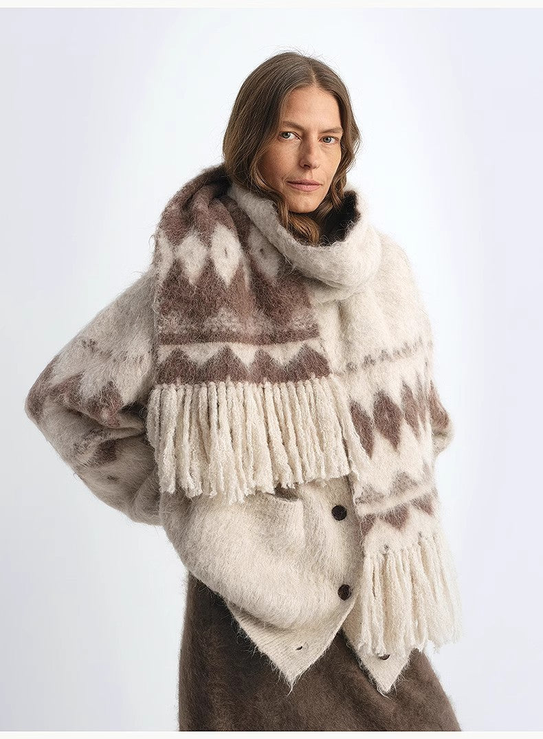 FIRELADY FUR | Women's Wool Blend Jacquard Tassel Scarf