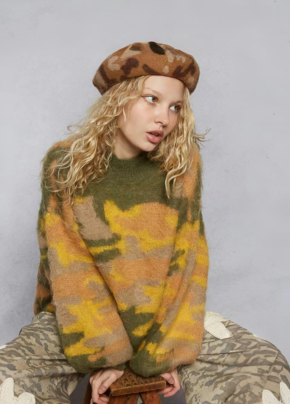 POL | Women's Yellow Camo Wool Blend Sweater