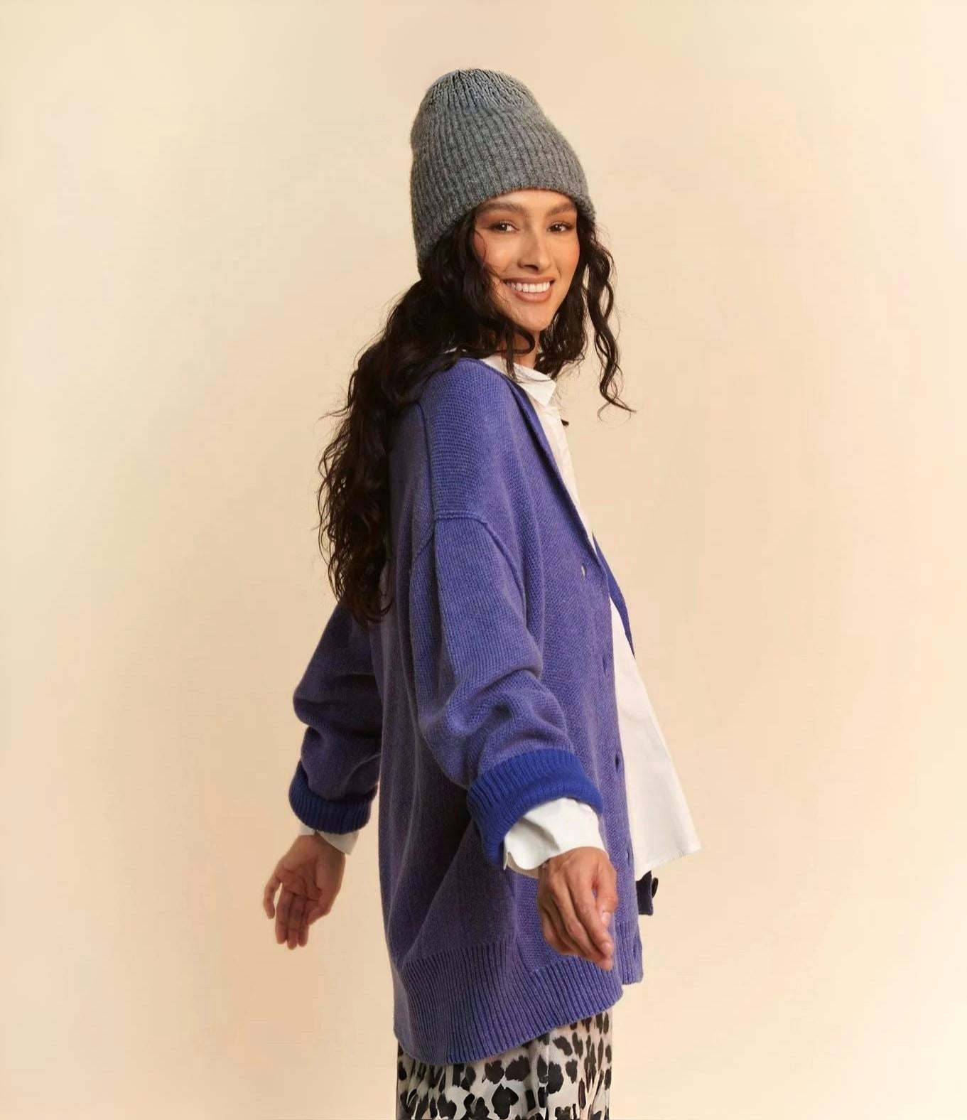 Davi & Dani | Women's Blue Ribbed Cotton Cardigan