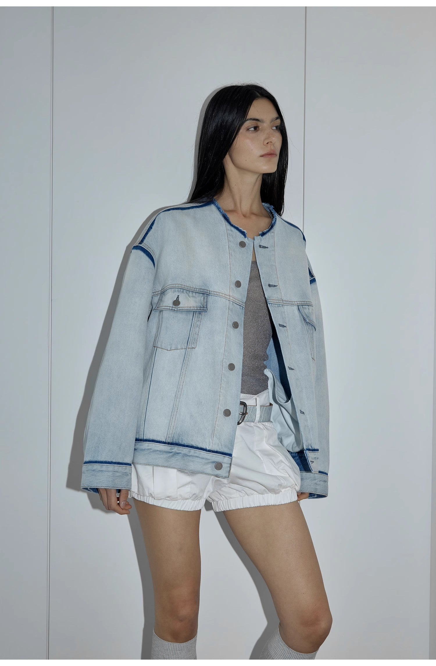 Women's Cotton Collarless Raw Edge Jacket | Sky Market