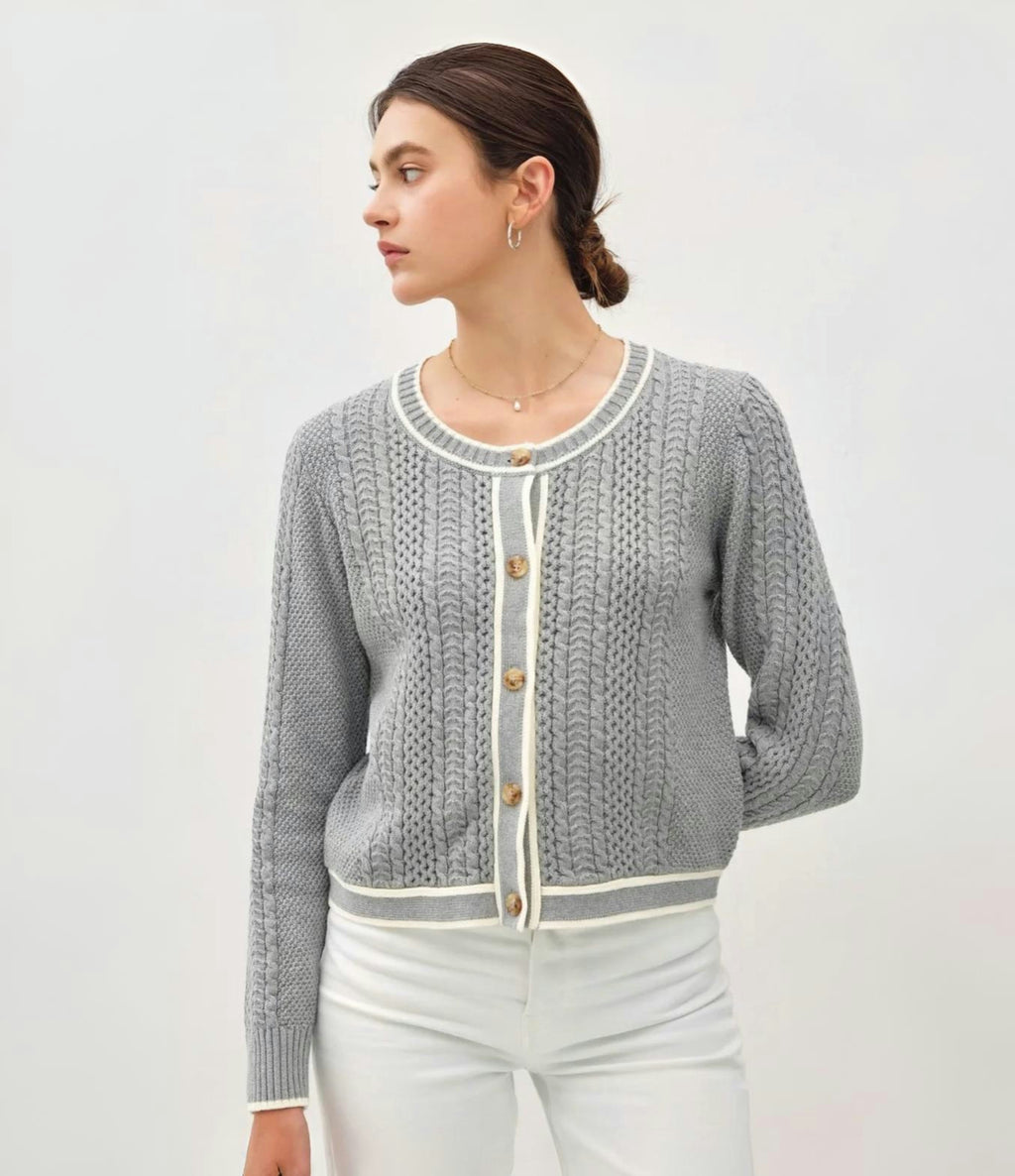 Be Cool | Women's Cable Knit Contrast Edge Cotton Cardigan