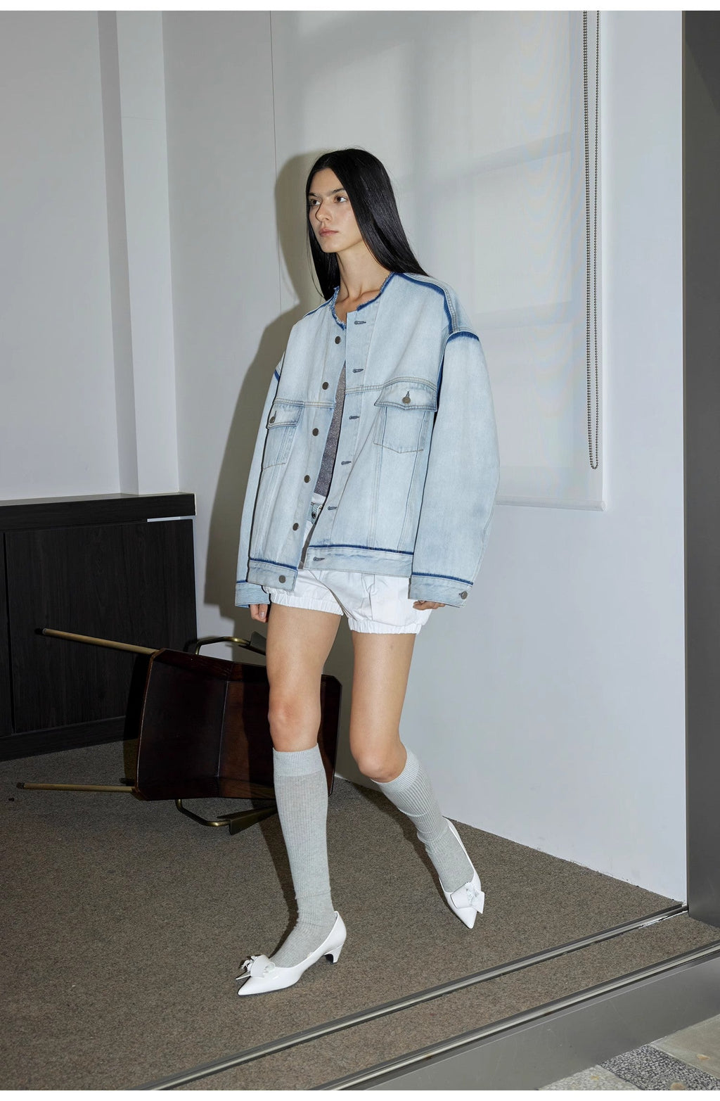 Women's Cotton Collarless Raw Edge Jacket | Sky Market