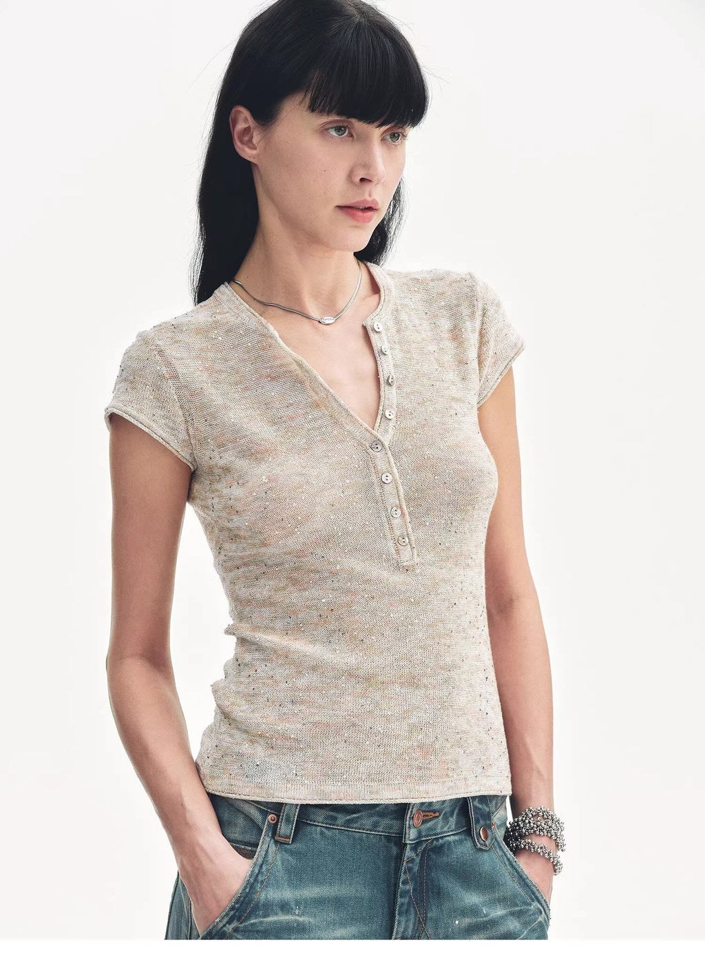 FIRELADY FUR | Women's Linen Blend Sequined Henley Neck T-shirt