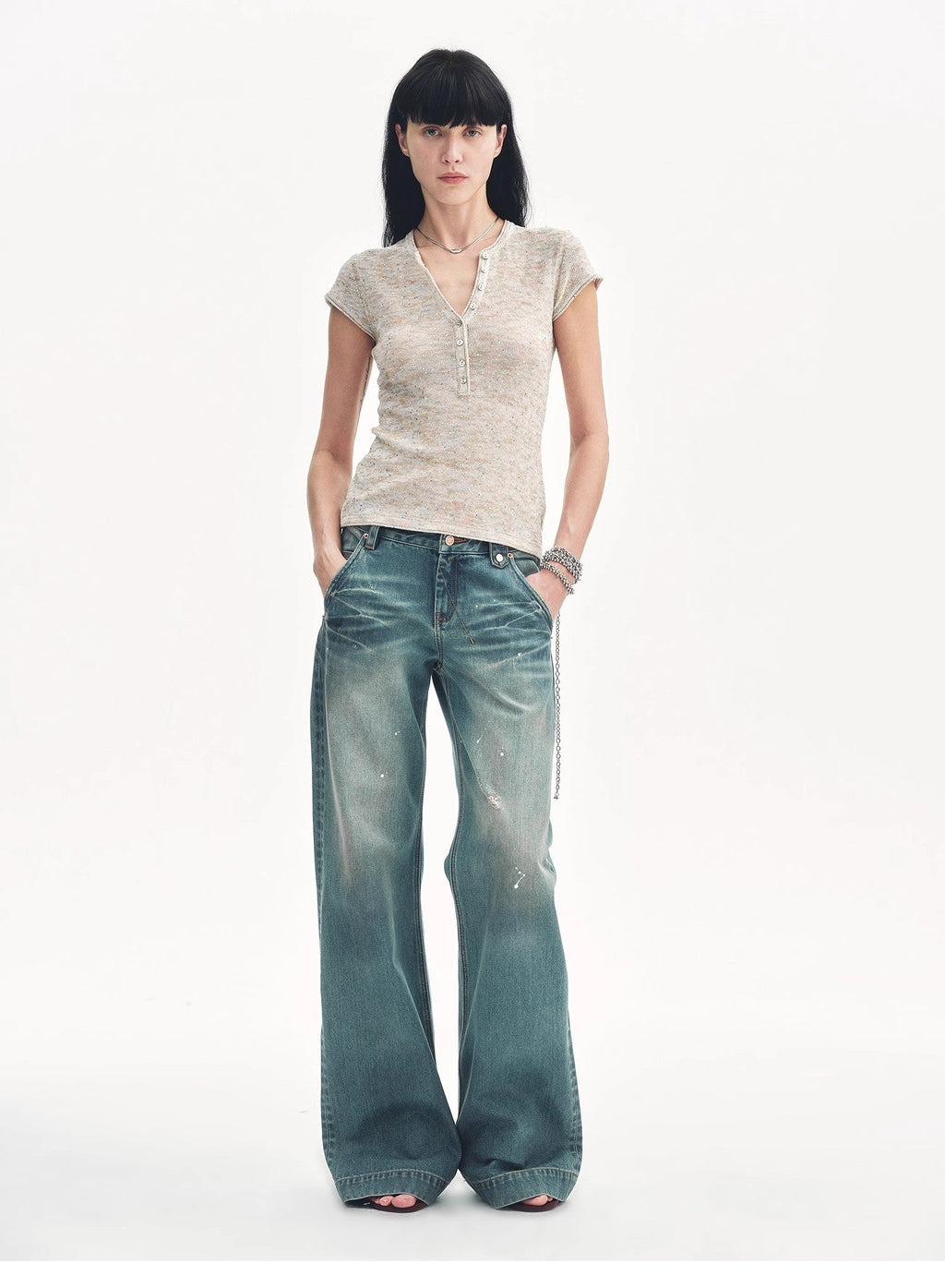 FIRELADY FUR | Women's Linen Blend Sequined Henley Neck T-shirt