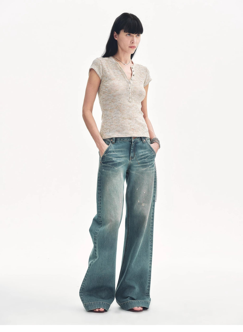 FIRELADY FUR | Women's Linen Blend Sequined Henley Neck T-shirt