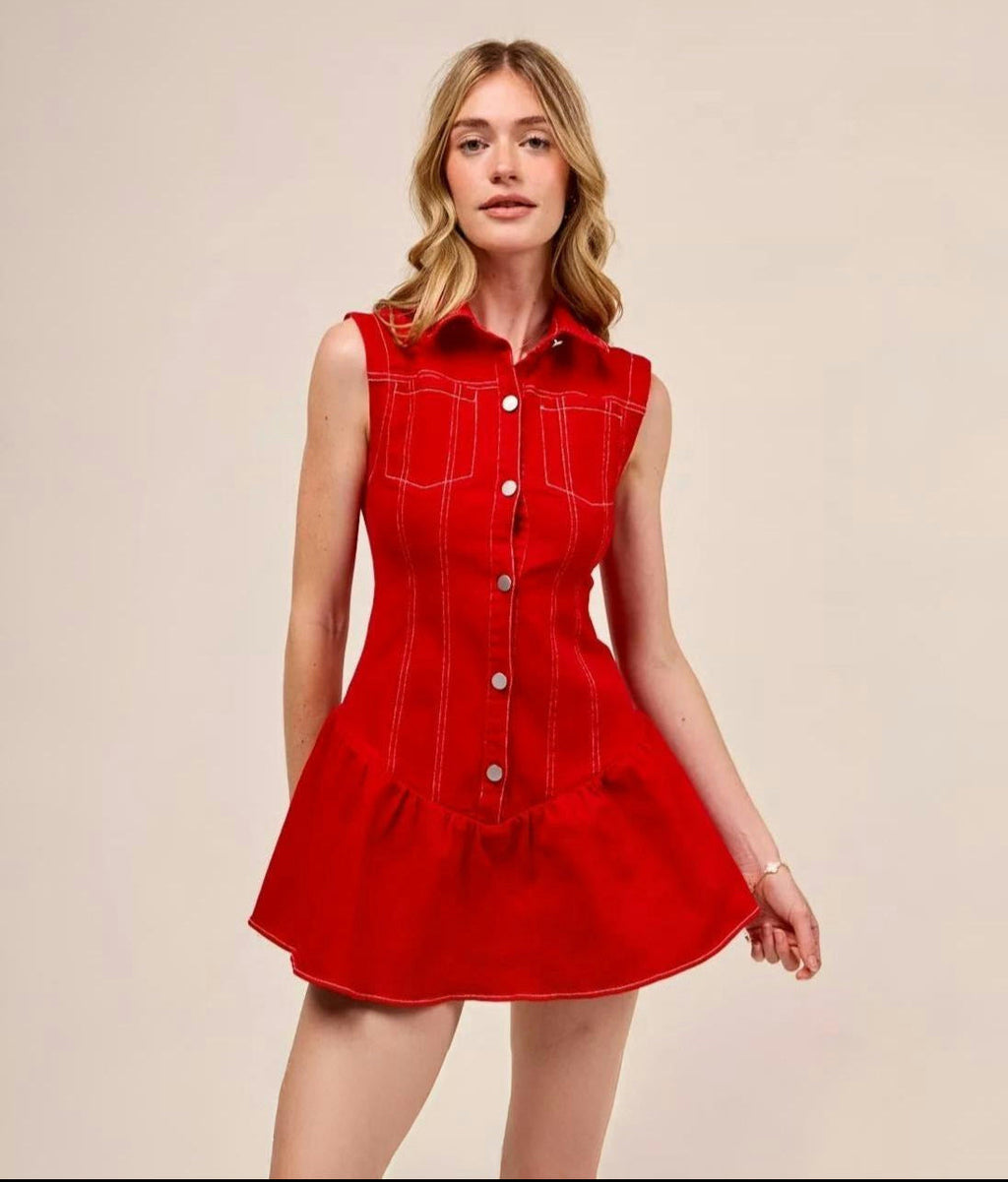 SO ME | Women's Red Sleeveless Collared Mini Dress