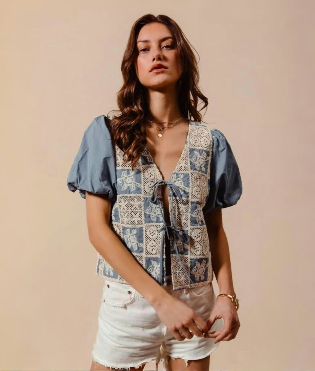 SO ME | Women's Crochet Tie Front Puff Sleeve Vest