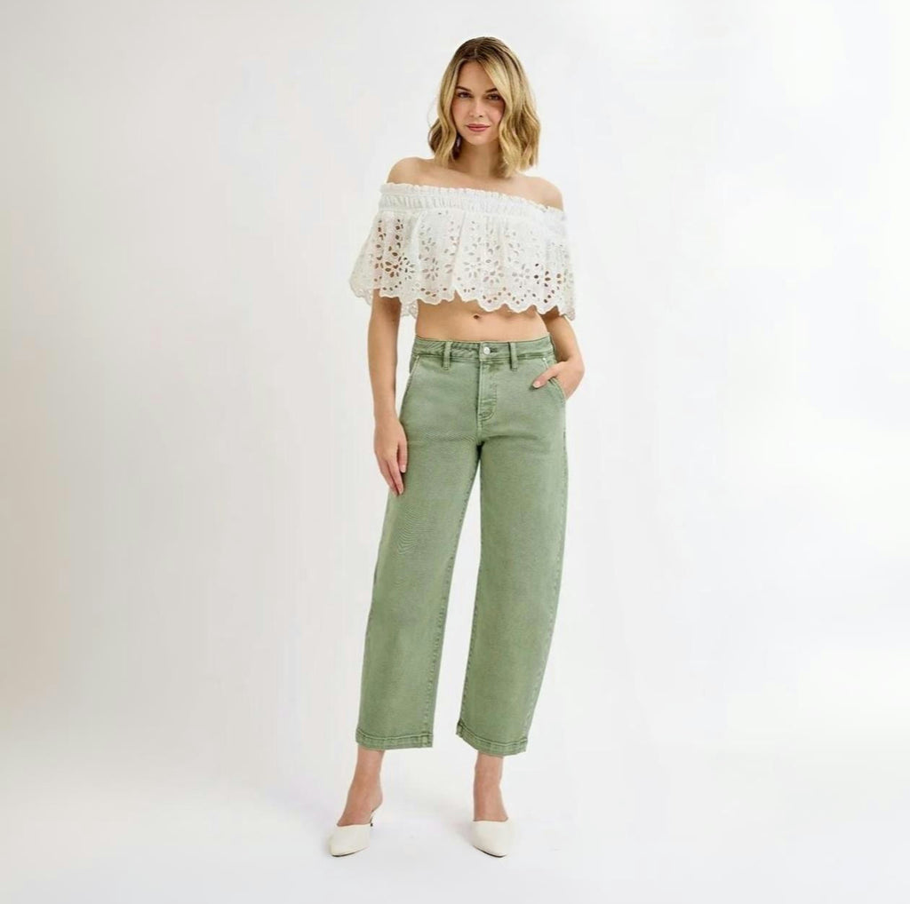 RISEN | Women's Olive Cropped Barrel Jeans