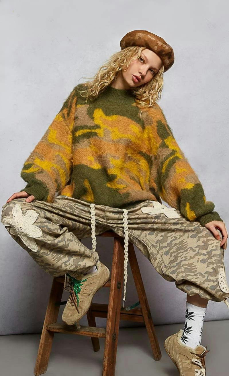 POL | Women's Yellow Camo Wool Blend Sweater