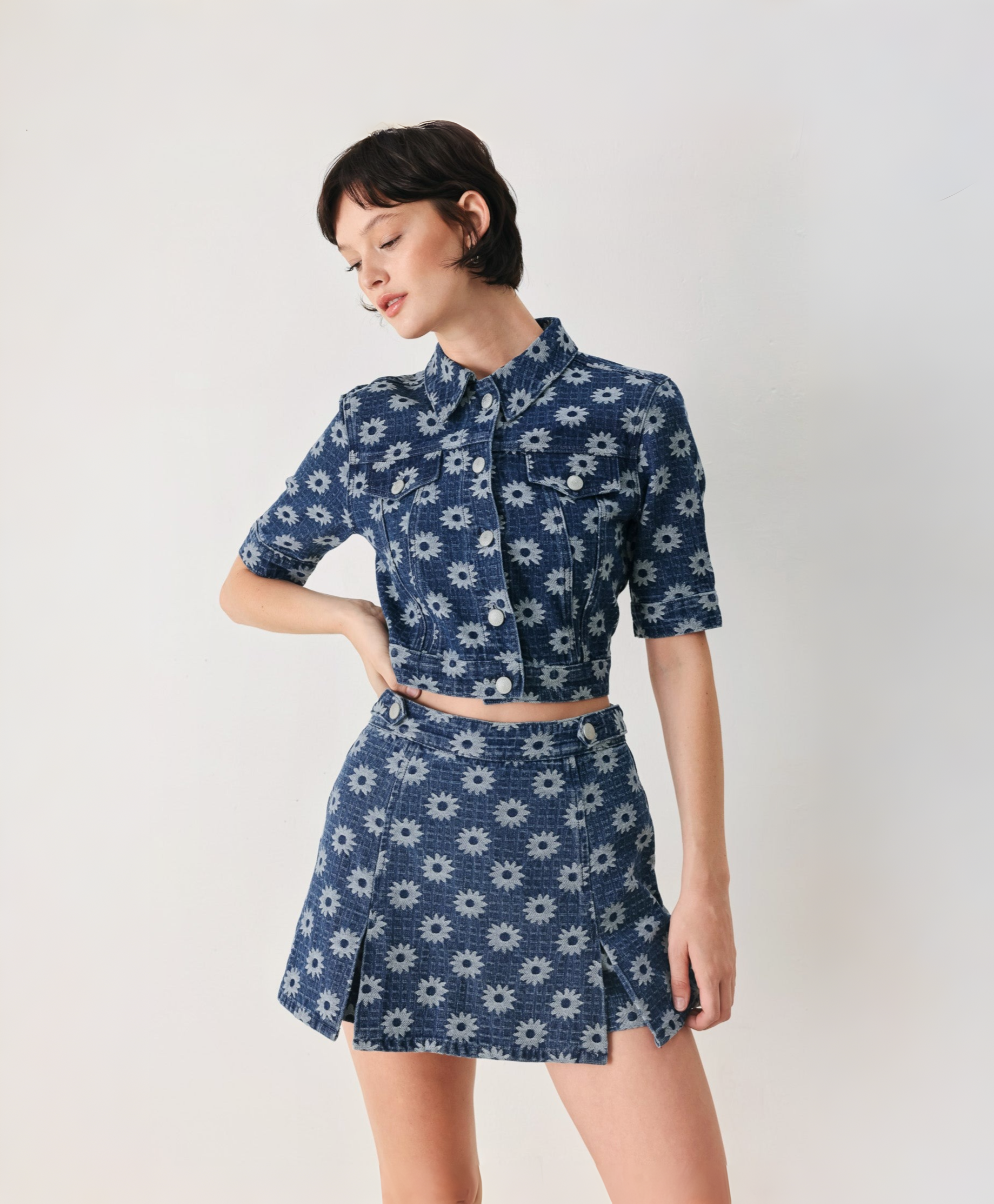 Flying Tomato | Sweet Daisy Woven Jacquard Denim Skort