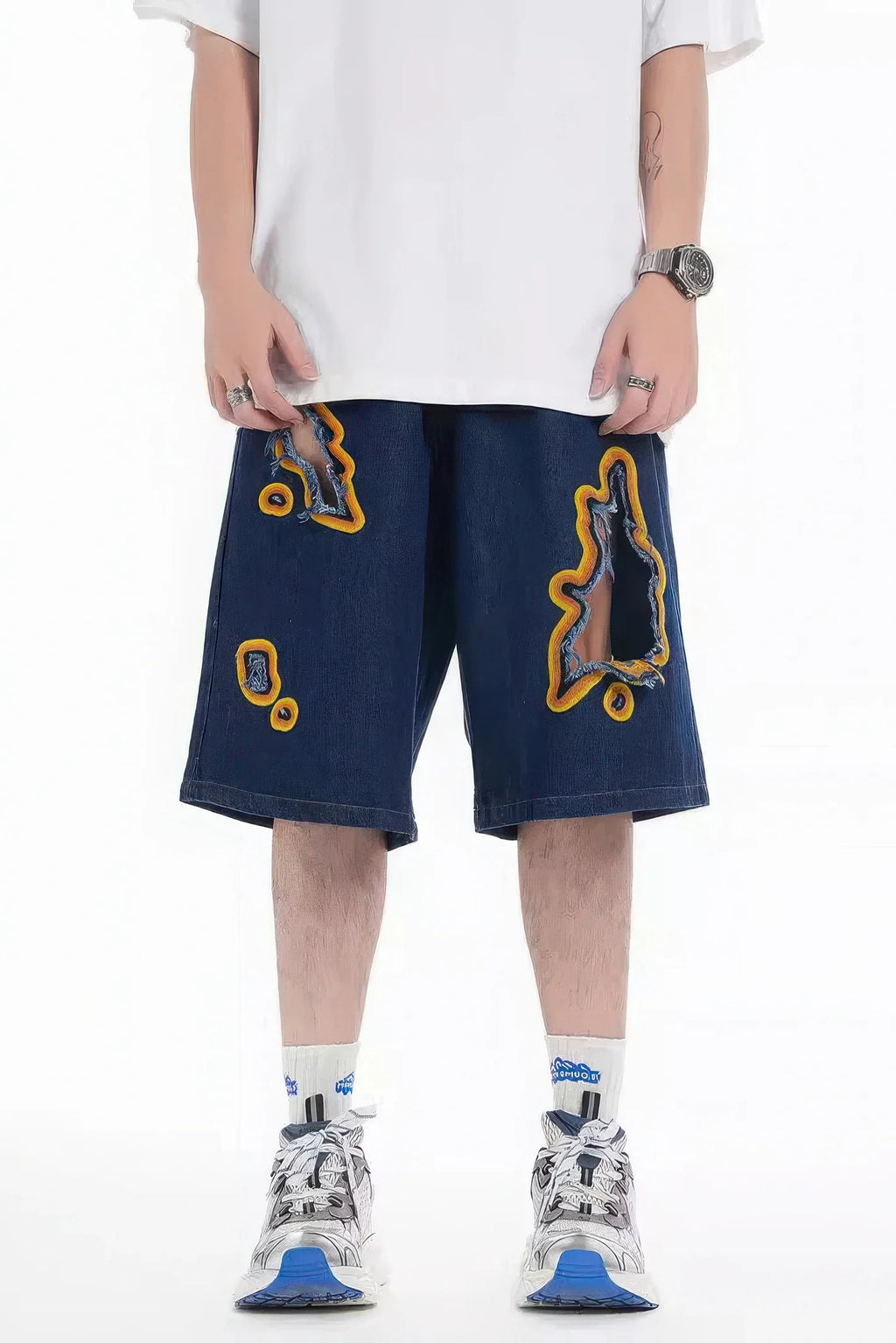 4inme | Flame Burnout Distressed Denim Shorts