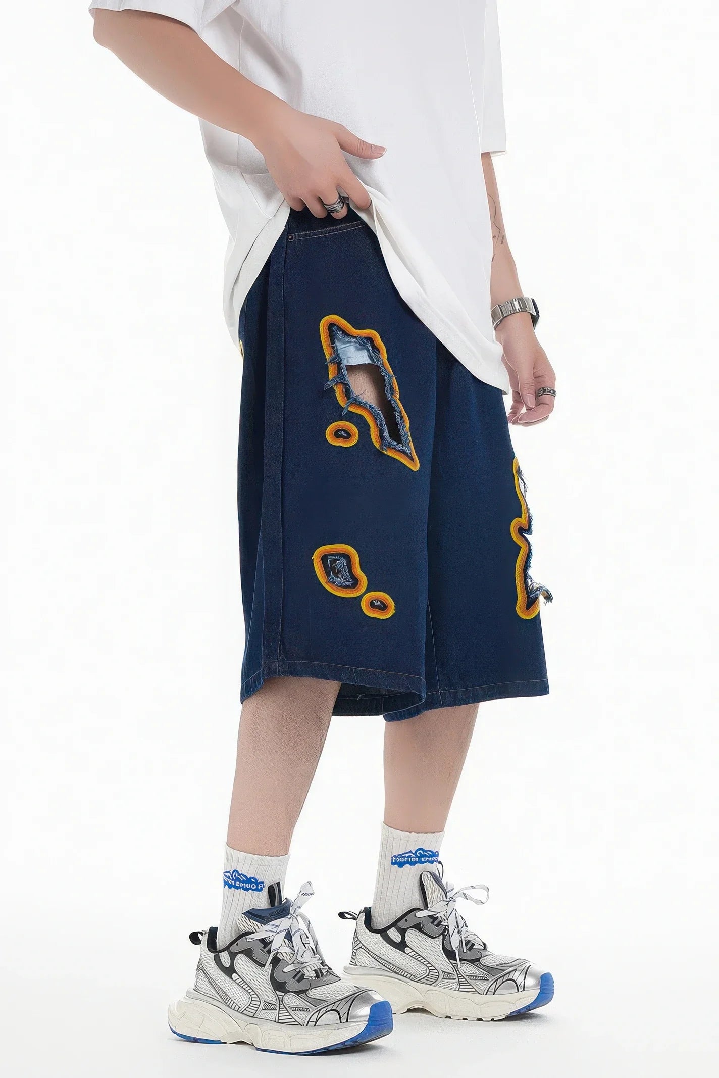 4inme | Flame Burnout Distressed Denim Shorts