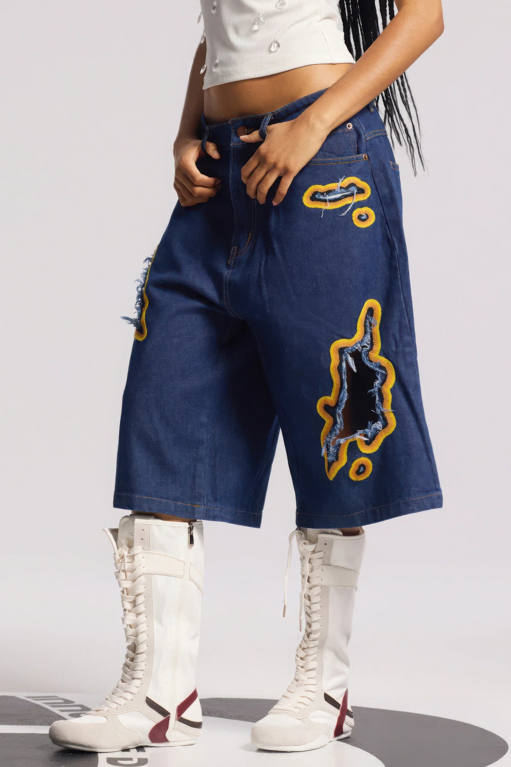 4inme | Flame Burnout Distressed Denim Shorts