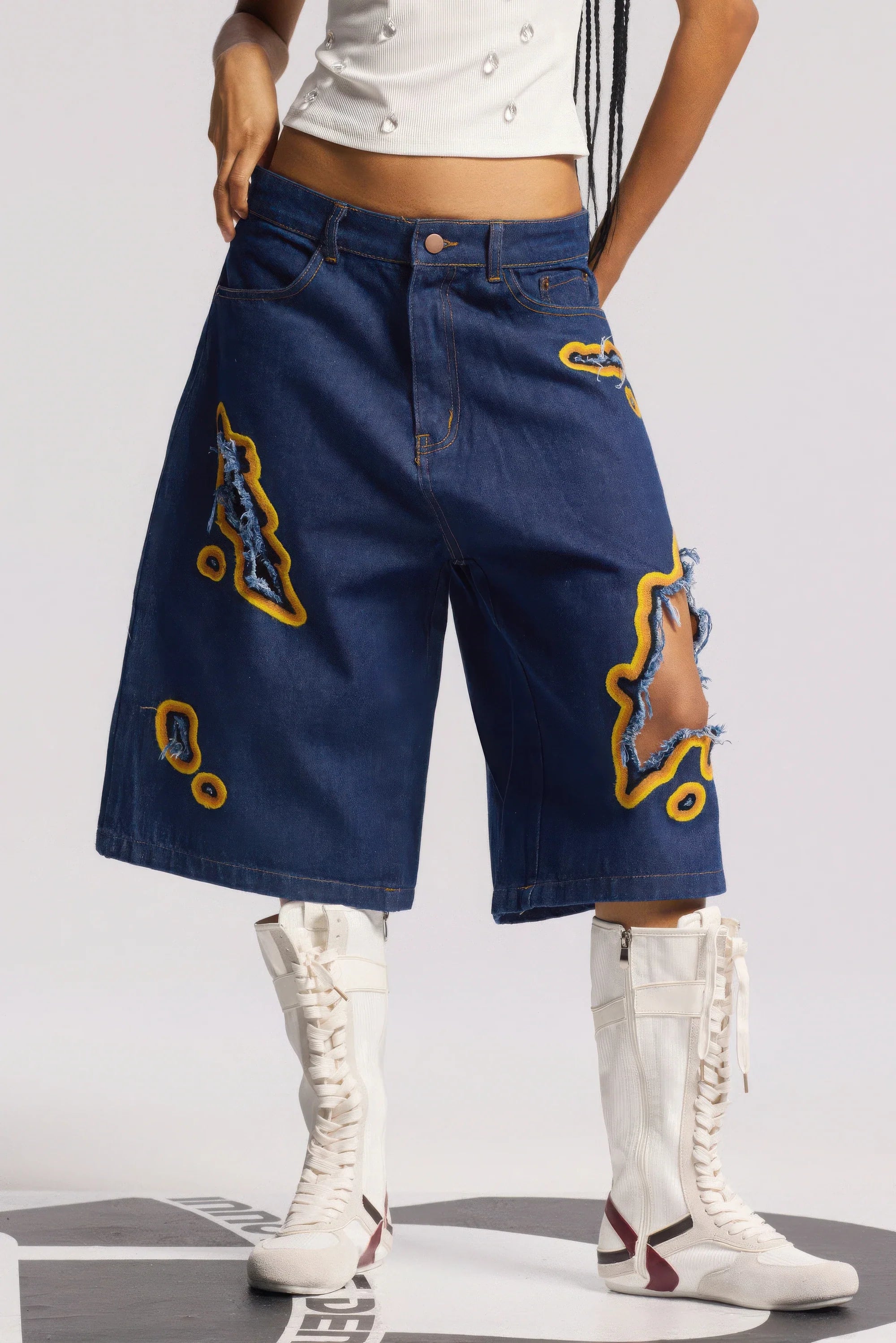 4inme | Flame Burnout Distressed Denim Shorts
