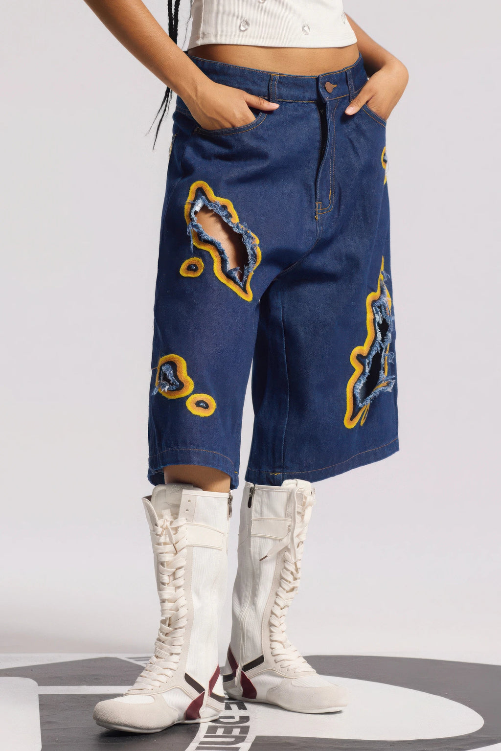 4inme | Flame Burnout Distressed Denim Shorts