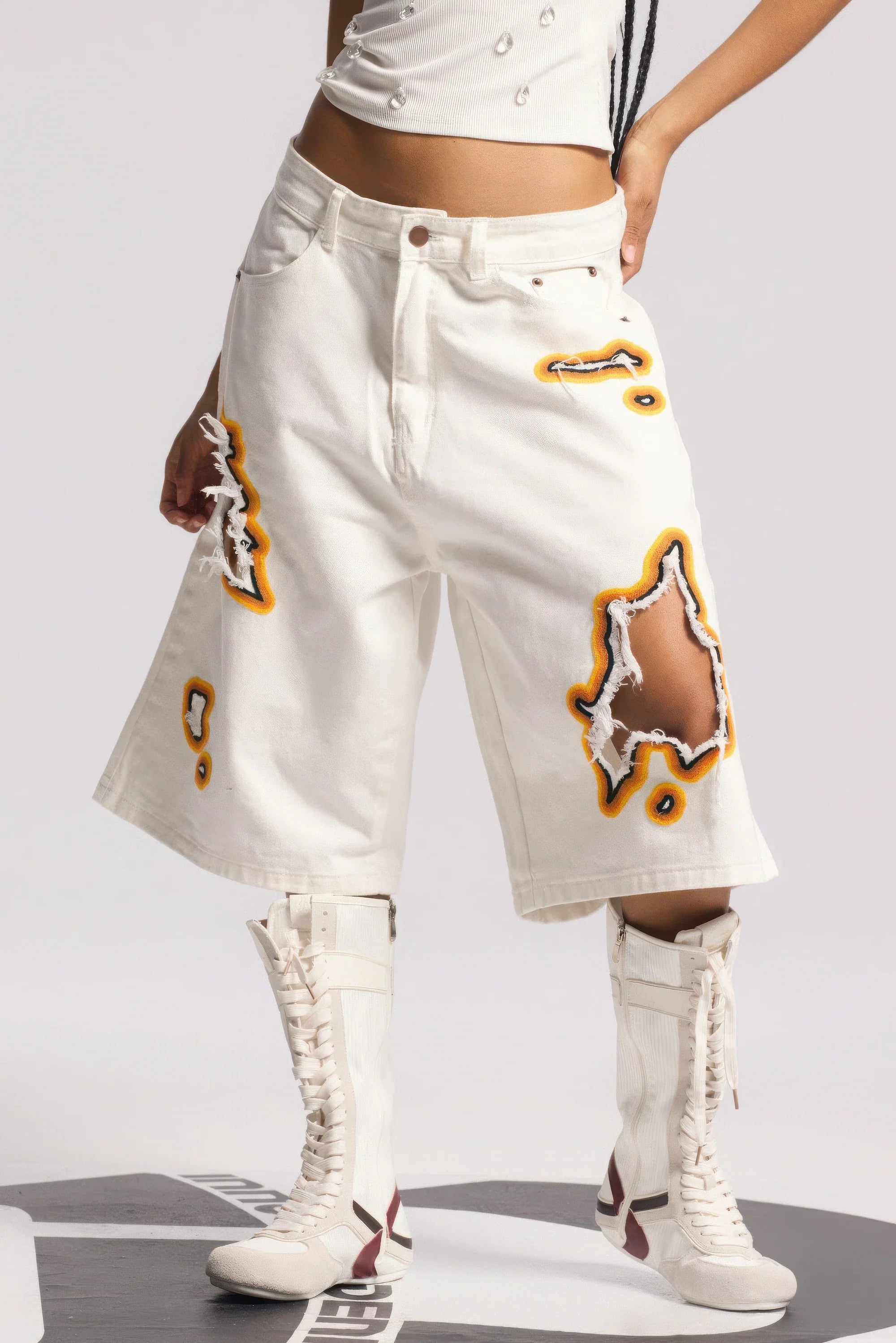4inme | Flame Burnout Distressed Denim Shorts