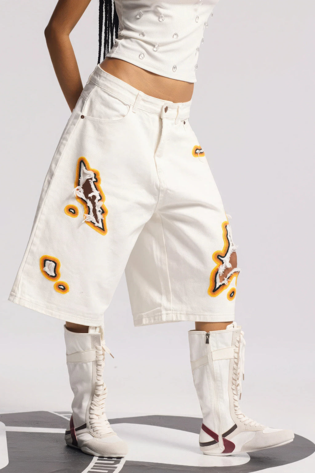 4inme | Flame Burnout Distressed Denim Shorts