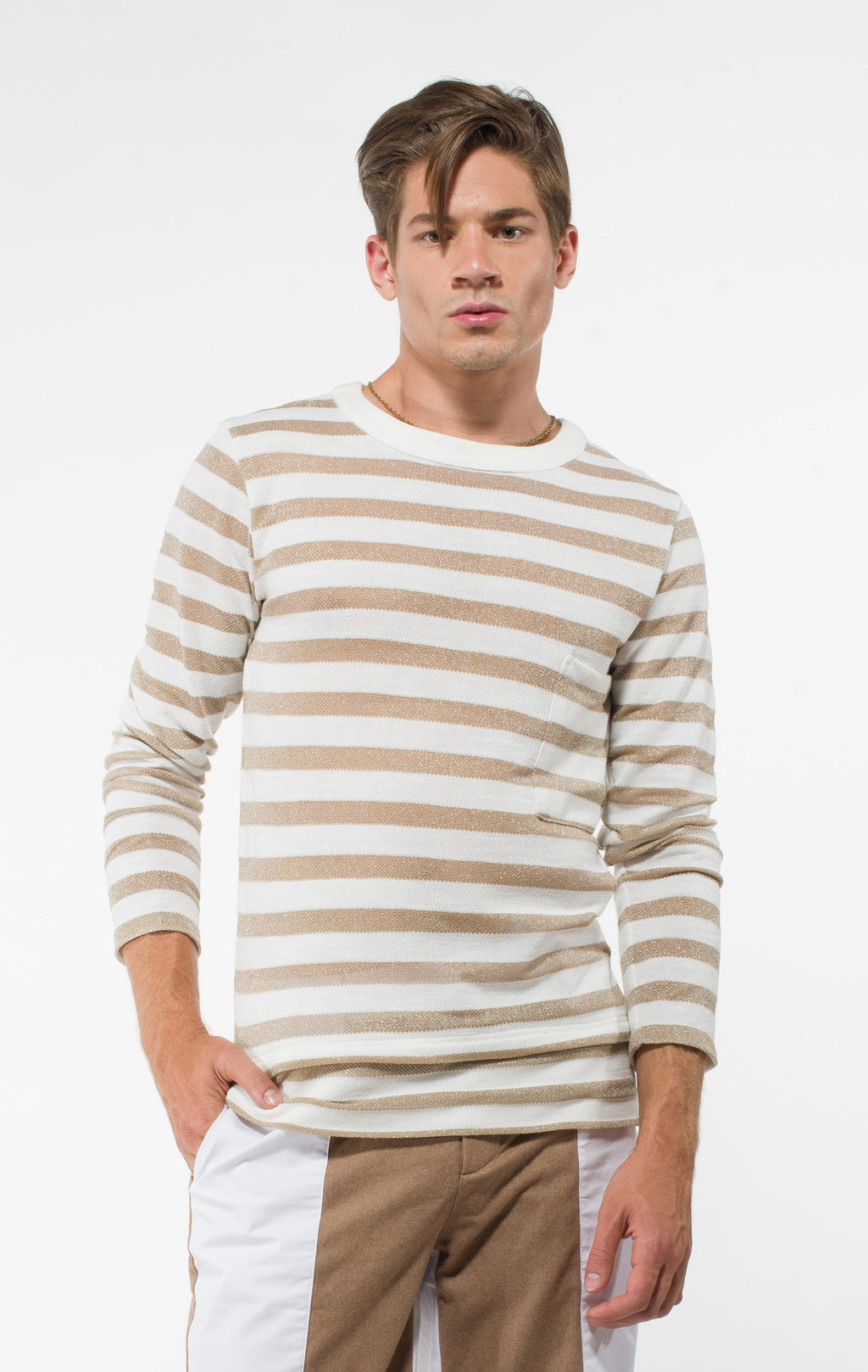 Uwi Twins | Men's Long Sleeve Gold Striped Cotton Blend Sweater
