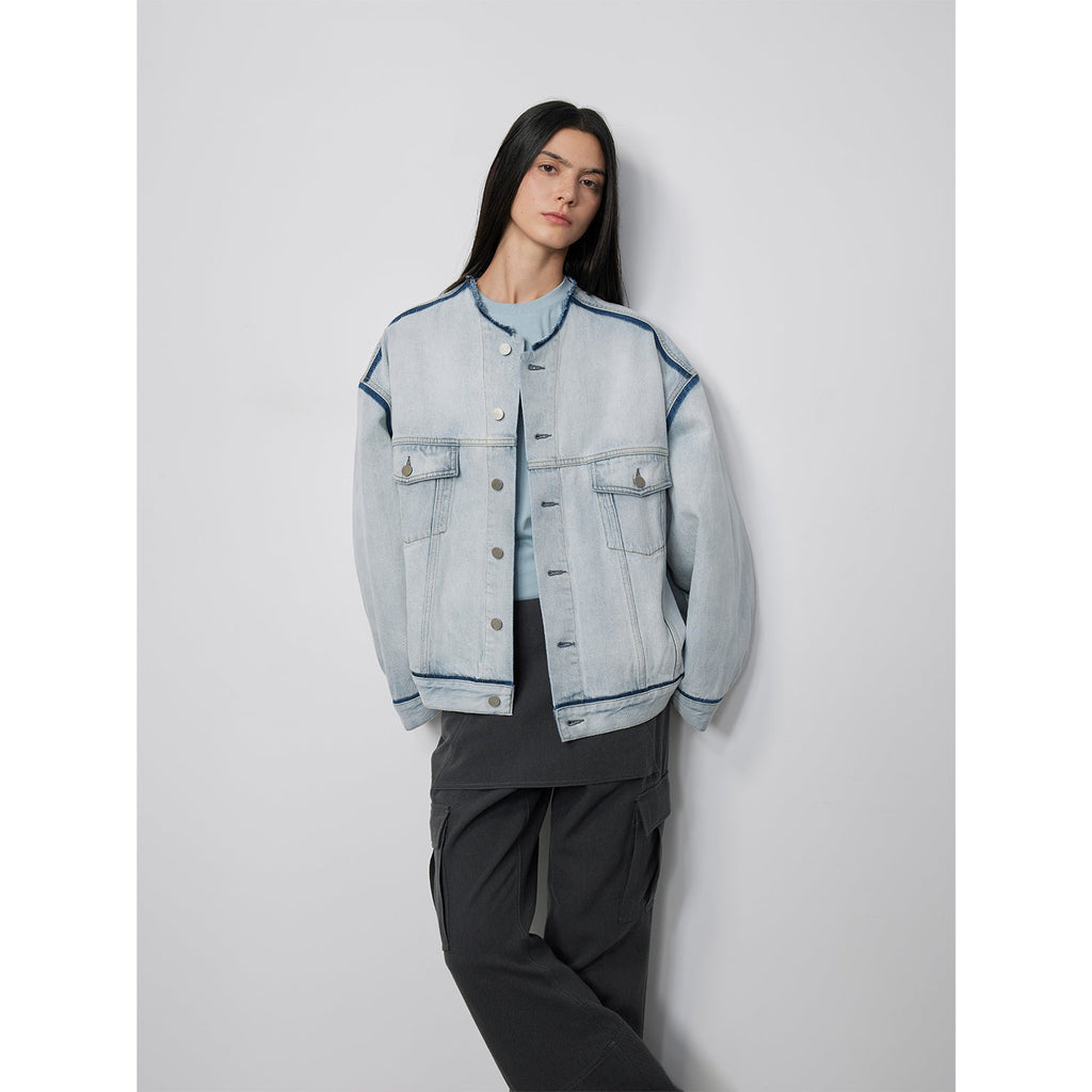 Women's Cotton Collarless Raw Edge Jacket | Sky Market