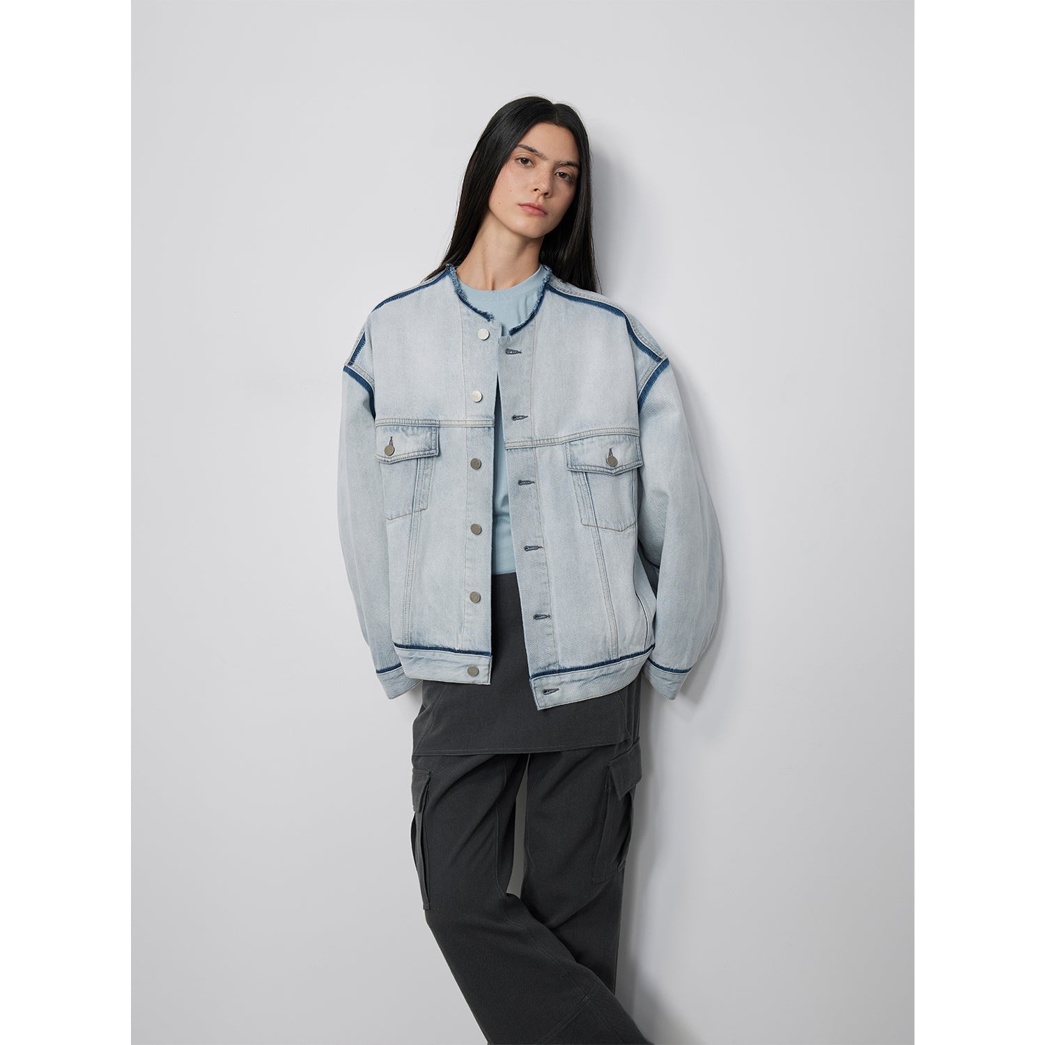 Women's Cotton Collarless Raw Edge Jacket | Sky Market