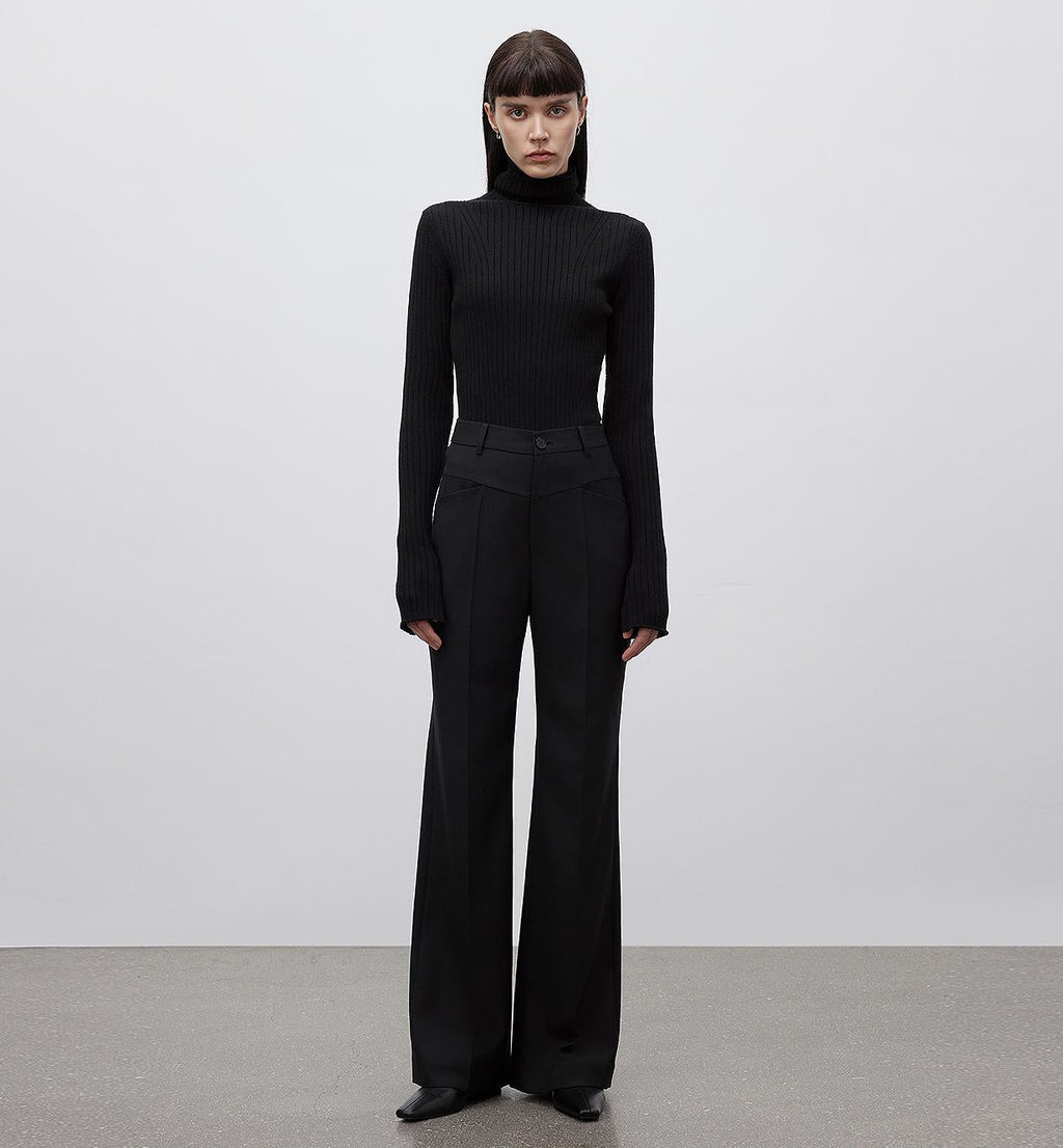 Person wearing a black turtleneck and wide-leg pants against a plain background