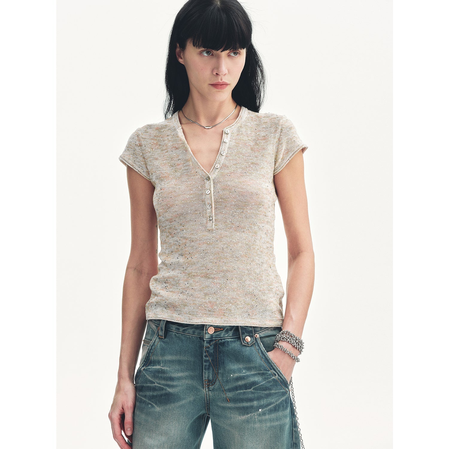 FIRELADY FUR | Women's Linen Blend Sequined Henley Neck T-shirt