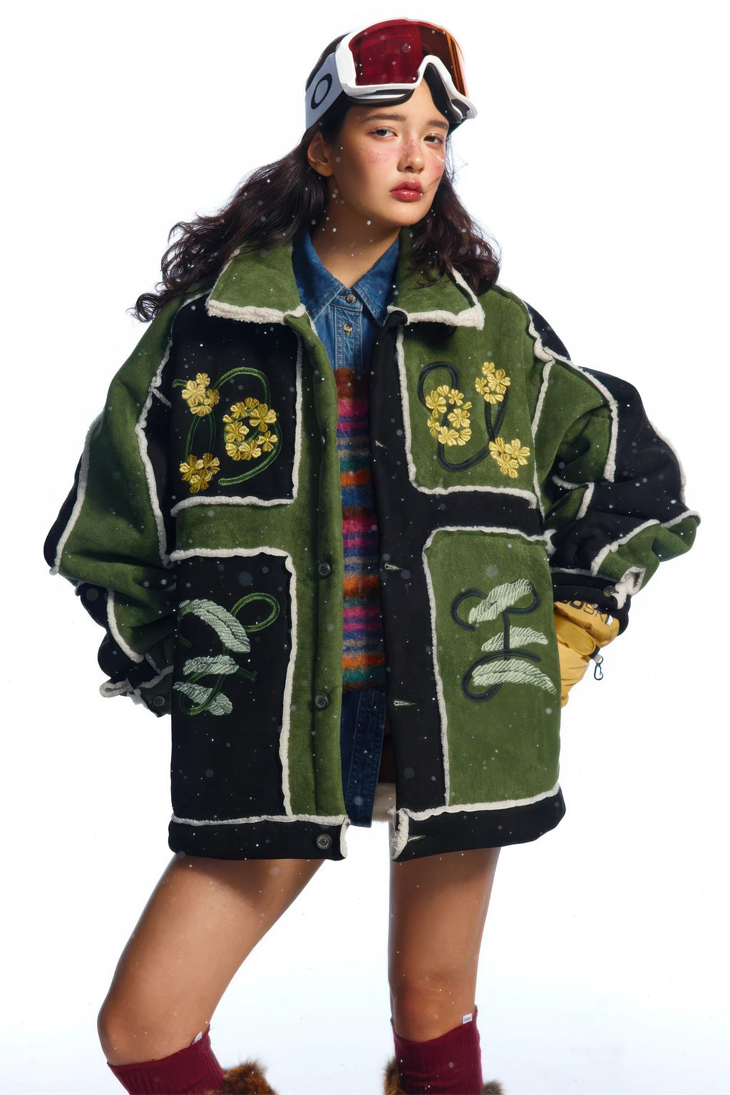 4inme | Floral Embroidery Sherpa Jacket