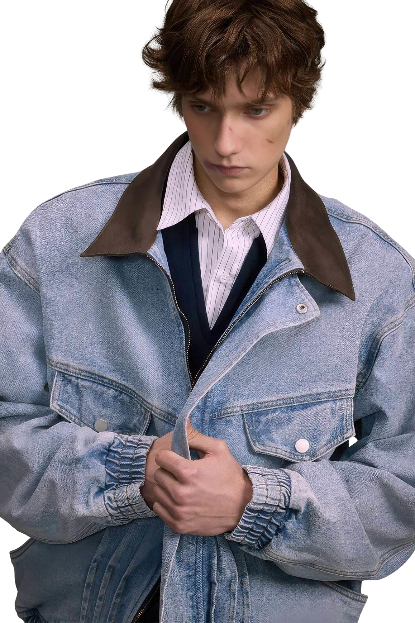4inme | Vintage Denim Color Block Collar Jacket