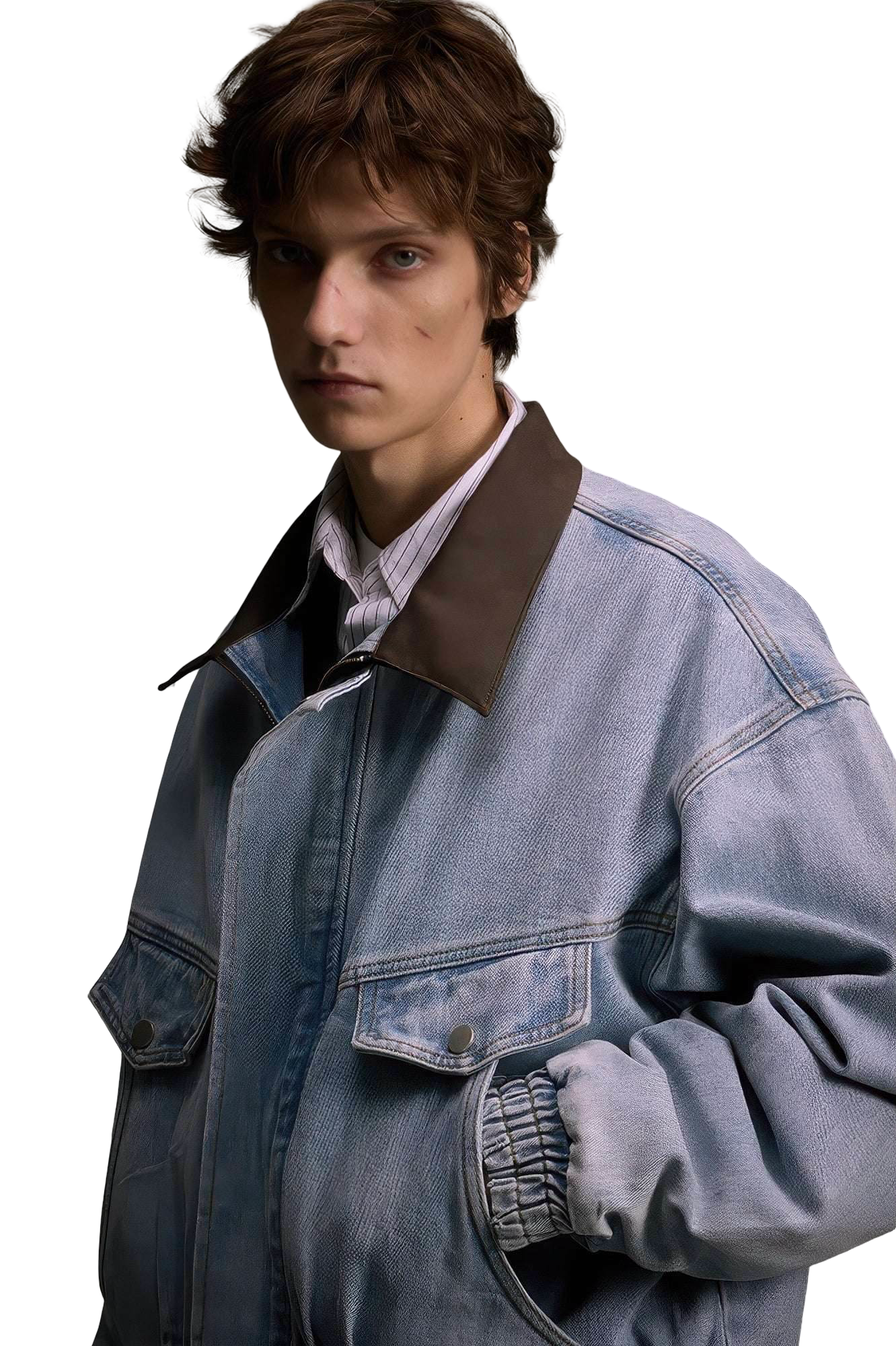 4inme | Vintage Denim Color Block Collar Jacket