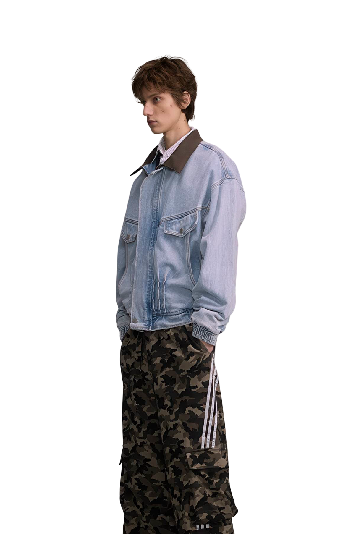 4inme | Vintage Denim Color Block Collar Jacket