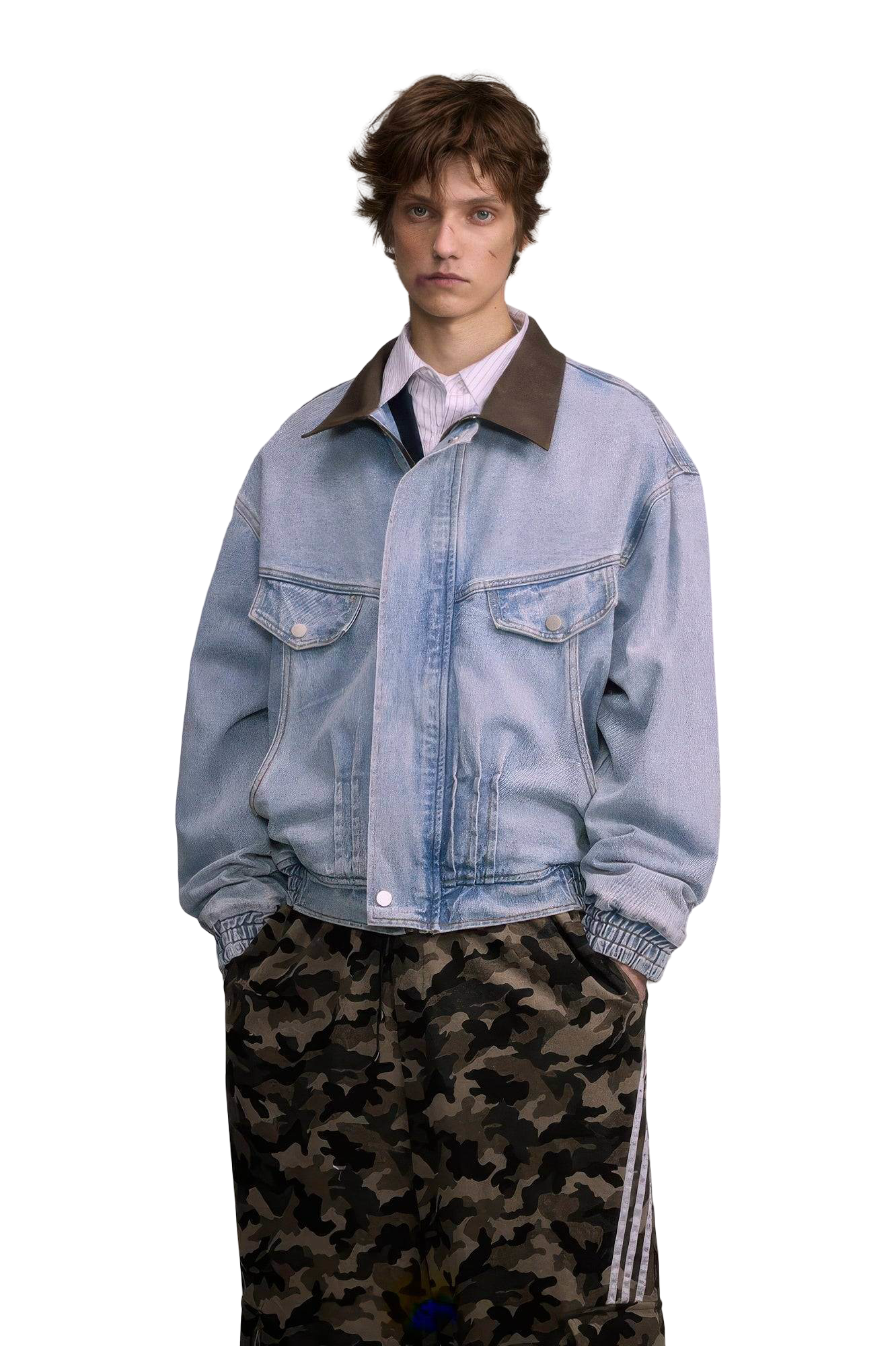 4inme | Vintage Denim Color Block Collar Jacket
